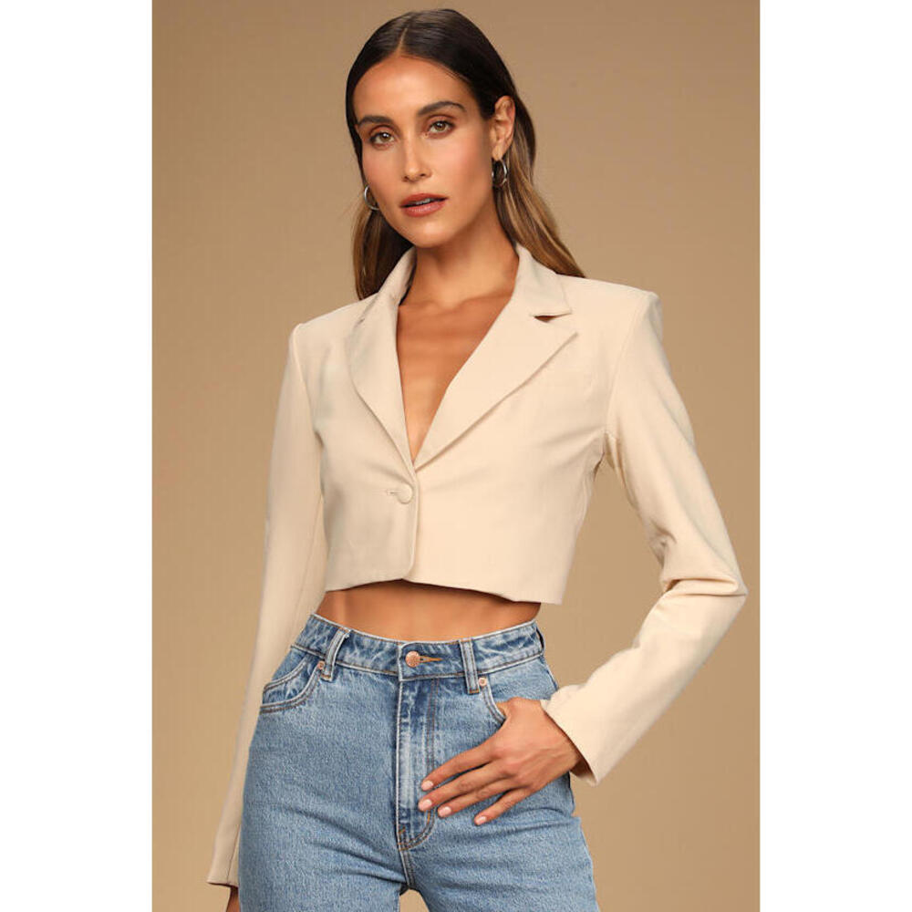 Lulus Corporate Chic Beige Cropped Blazer - Size L
